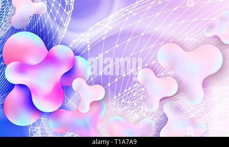 Abstract liquid bubble color background with text space. Ink blots vector illustration. Network concept drawing. 3d blur shapes backdrop composition. Minimalistic landing page, web banner design Stock Vector