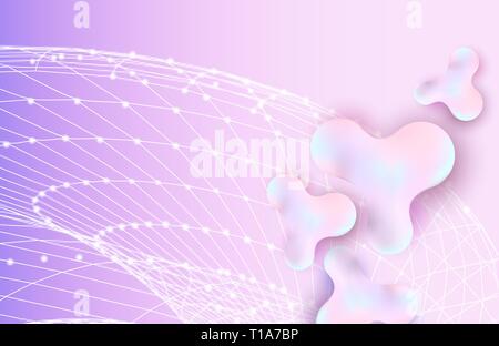 Abstract 3d inkblots background with text space. Liquid bubbles vector illustration. Network concept drawing with polygonal lines and dots. 3d gradient shapes backdrop composition. Wallpaper design Stock Vector