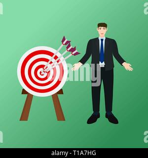 Businessman standing near success archery arrow to center target Stock Vector