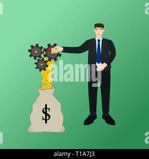 Businessman oil drop on gear success profit money saving to bag Stock Vector