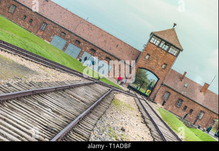 Oswiencim, Poland - September 21, 2019: Railway leading to main entrance of Auschwitz Birkenau concentration camp, museum nowadays, Poland Stock Photo