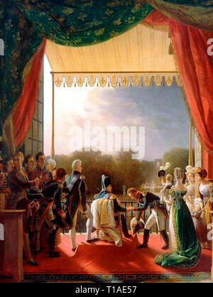 Portrait of Louis XVIII of France receiving Louis Antoine, Duke of Angoulême, on December 2, 1823, on a balcony of the Tuileries Palace after his successful military campaign in Spain. Louis Ducis Stock Photo