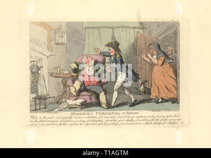 Man suffering from painful gout in his limbs greeted by a muscular sailor with a strong handshake and a stamp on the foot. Miseries Personal. Handcoloured copperplate engraving designed and etched by Thomas Rowlandson to accompany Reverend James Beresford’s Miseries of Human Life, Ackermann, 1808. Stock Photo