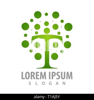 Green dot in T letter concept design. Symbol graphic template element Stock Vector