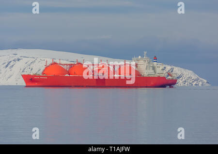 The Liquid Natural Gas, LNG, tanker Arctic Princess, anchored just outside the LNG Export Terminal at Hammerfest in Norway, during winter. Stock Photo