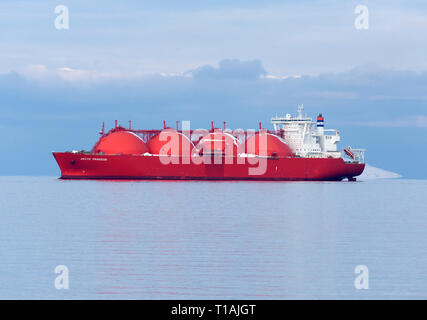 The Liquid Natural Gas, LNG, tanker Arctic Princess, anchored just outside the LNG Export Terminal at Hammerfest in Norway, during winter. Stock Photo