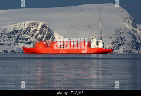 The Liquid Natural Gas, LNG, tanker Arctic Lady, anchored just outside the LNG Export Terminal at Hammerfest in Norway, during winter. Stock Photo