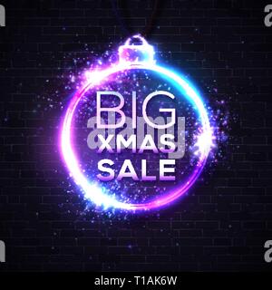 Big Xmas sale. Discount banner on dark brick wall. Stock Vector