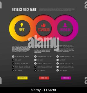 Product price table template with three options and modern colors on a dark background Stock Vector