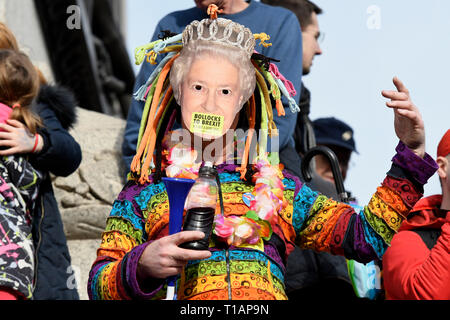 Anti brexit protester seen wearing a mask with the Queen Elizabethh portrait in Trafalgar Square during the demonstration. Over a million people marched peacefully in central London in favor of a second referendum. People gathered at Park Lane to rally at Parliament Square to demonstrate against the Tory government’s Brexit negotiations, and to demand a second vote on the final Brexit deal. March was organized by The Peoples Vote. Stock Photo