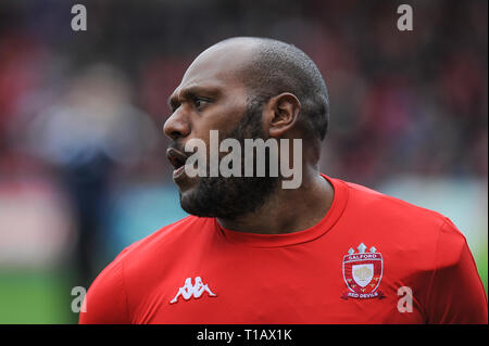 Salford, UK. , . 24 March 2019. AJ Bell Stadium, Salford, England; Rugby League Betfred Super League, Salford Red Devils vs Wigan Warriors;Salford Red Devils stand off Robert Lui during warm up. Credit: Dean Williams/Alamy Live News