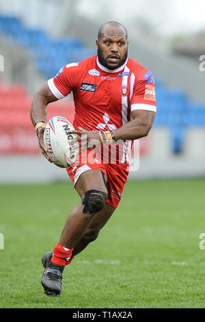 Salford, UK. , . 24 March 2019. AJ Bell Stadium, Salford, England; Rugby League Betfred Super League, Salford Red Devils vs Wigan Warriors; Salford Red Devils Robert Lui in action. Credit: Dean Williams/Alamy Live News