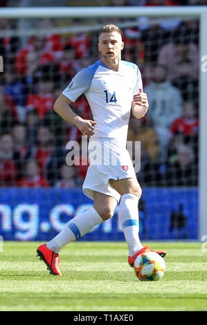 Cardiff, UK. 24th Mar, 2019. Milan Škriniar of Slovakia during the 2020 UEFA Euro Qualifier group E match between Wales and Slovakia at the Cardiff City Stadium, Cardiff, Wales on 24 March 2019. Photo by Ken Sparks. Editorial use only, license required for commercial use. No use in betting, games or a single club/league/player publications. Credit: UK Sports Pics Ltd/Alamy Live News Stock Photo