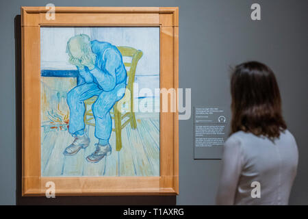 London, UK. 25th March, 2019. Sorrowing old Man (at eternity's gate), 1890, by Vincent Van Gogh - The EY Exhibition: Van Gogh and Britain. This is the first exhibition to take a new look at the artist through his relationship with Britain. It explores how Van Gogh was inspired by British art, literature and and how he in turn inspired British artists, from Walter Sickert to Francis Bacon. Bringing together the largest group of Van Gogh paintings shown in the UK for nearly a decade, the exhibition includes over 50 works by the artist from public and private collections around the world. Credit: