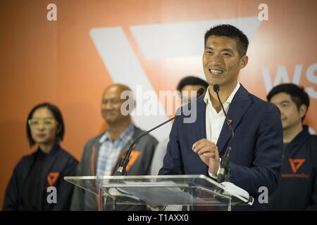 Bangkok, Thailand. 25th Mar, 2019. Future Forward Party leader Thanathorn Juangroongruangkit speaks to the media during a press conference the day after the 2019 Thai general election.The Future Forward party are indicating that they are considering the possibility of forming a coalition government with the Pheu Thai party who won the most seats in the election with conditions. Credit: Geovien So/SOPA Images/ZUMA Wire/Alamy Live News Stock Photo
