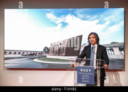 Paris, France. 24th Mar, 2019. Wu Weishan, curator of the National Art Museum of China, addresses the premiere of a TV documentary introducing the Work-Study Movement's history in the China Cultural Center in Paris, France, March 23, 2019. A ceremony and a series of events were held here to mark the centennial of the Work-Study Movement. Starting in 1919, thousands of progressive young Chinese went to France, where they worked in factories in Paris, Lyon and Montargis to pay for their studies in the European country. Some of them became interested in Marxism and established one Credit: Xinhua/ Stock Photo