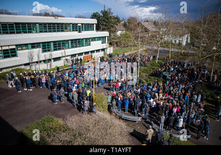Haltern am See, Germany. 25th Mar, 2019. Pupils and teachers are standing in memory of the 4th anniversary of the Germanwings crash in the French Alps in the schoolyard of the Joseph König Gymnasium. According to the investigating authorities, the co-pilot deliberately crashed the Airbus A320 from Barcelona to Düsseldorf in southern France on 24 March 2015. All 150 people on board died. Among them were 16 pupils and 2 teachers from Haltern am See. All pupils and teachers as well as the mayor and church representatives take part in the commemoration ceremony in the schoolyard. Pho Credit: dpa p Stock Photo