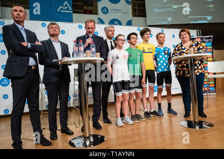 Lyon, France. 25th March, 2019. Presentation of the jerseys of the 71st Critérium du Dauphiné Credit: FRANCK CHAPOLARD/Alamy Live News Stock Photo