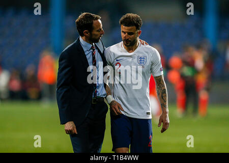 Podgorica, Montenegro. 25th Mar, 2019. England Manager Gareth Southgate and Kyle Walker of England after the UEFA Euro 2020 Qualifying Group A match between Montenegro and England at Podgorica City Stadium on March 25th 2019 in Podgorica, Montenegro. (Photo by Daniel Chesterton/phcimages.com) Credit: PHC Images/Alamy Live News Stock Photo