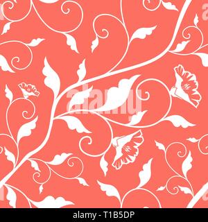 Coral Pink Vector Seamless Floral Pattern. Living Coral - 2019 Color of the Year. Leaves and flowers white texture. Repeating damask background Stock Vector