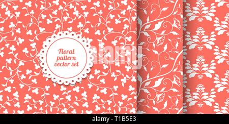Collection of seamless coral pink floral patterns. Living Coral - 2019 Color of the Year. White laves and flowers vector texture. Repeating damask Stock Vector