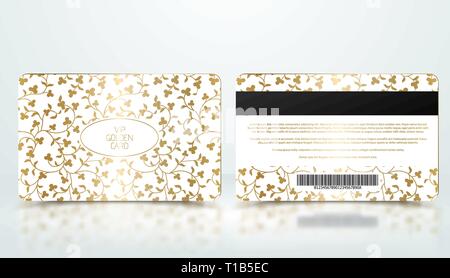 Vector template of membership or loyalty white VIP card with luxury elegant golden floral pattern. Front and back design presentation. Premium member Stock Vector