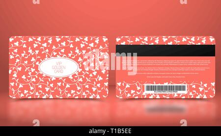Vector template of membership or loyalty coral pink VIP card with elegant white floral pattern. Red gift or discount bright plastic card. Living coral Stock Vector