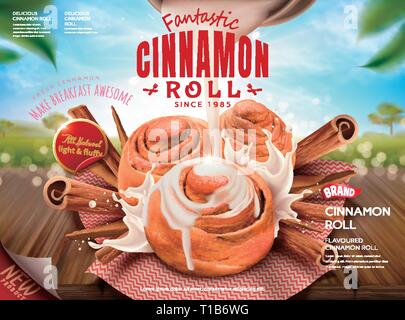 Cinnamon roll ads with pouring milk and rou gui herbs on bokeh nature background, 3d illustration Stock Vector