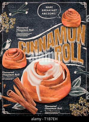 Delicious cinnamon rolls on black chalkboard background, 3d illustration Stock Vector