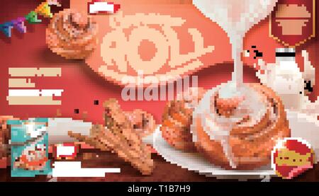 Cinnamon roll ads with condensed milk and rou gui herbs on red background in 3d illustration Stock Vector