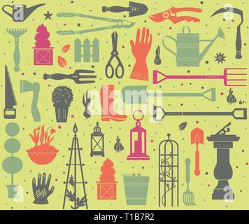 Vector set of gardening tools. Agriculture equipmen for design. Silhouettes of garden items and plants. Seamless pattern decor. Stock Vector