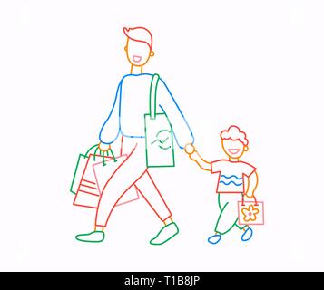 Father with son or brothers have purchases at shopping. Thin line flat design, vector illustration in bright colors. Stock Vector
