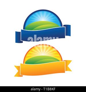 Farm Hill Nature Ribbon Emblem Vector Symbol Graphic Logo Design Template Set Stock Vector