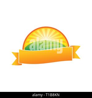 Orange Farm Hill Nature Ribbon Emblem Vector Symbol Graphic Logo Design Template Stock Vector