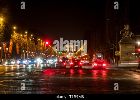Night Traffic on Champs-Elysees - Paris, France Stock Photo
