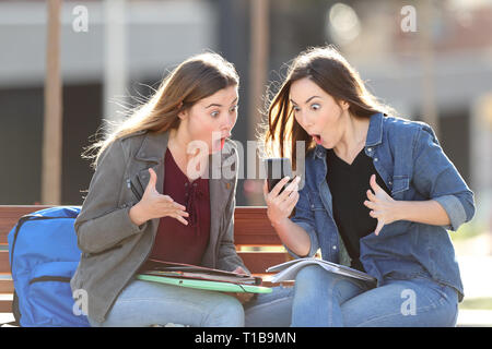 Two amazed students checking smart phone content sitting on a bench in a park Stock Photo
