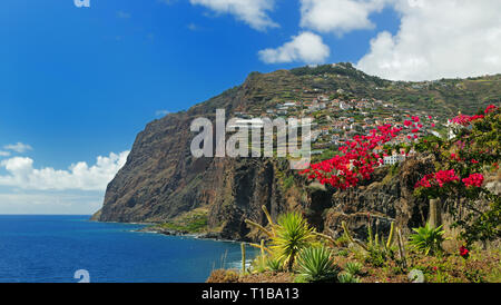 Cliff Cabo Girao at southern coast of Madeira (Portugal) -  Panoramic view from Camara de Lobos Stock Photo