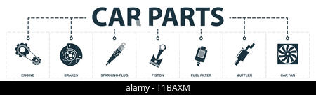 Car Parts set icons collection. Includes simple elements such as engine, brakes, sparking-plug, piston, fuel filter, muffler, car fan premium icons Stock Photo