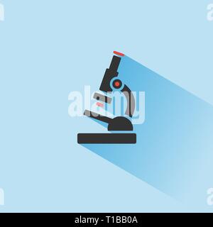 Microscope icon with shadow on a blue background. Science and research. Color vector illustration Stock Vector