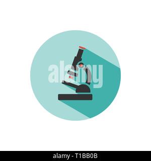 Microscope icon with shadow on a green circle. Science and research. Color vector illustration Stock Vector