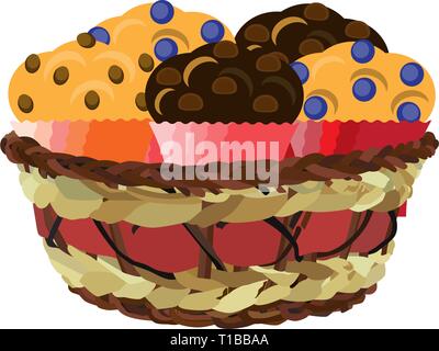 Wicker basket with muffins, vector flat illustration Stock Vector