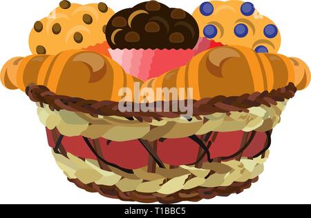 Wicker basket with muffins and croissants, vector flat illustration Stock Vector