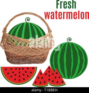 Wicker basket with watermelon, vector flat illustration Stock Vector