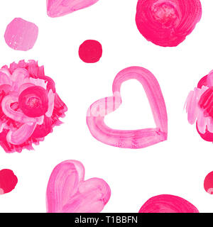 Seamless pattern of bright color spots textures on white isolated background Strokes lines strokes geometric elements pink red hand painted Stock Photo