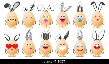 Set of realistic eggs with emoticons and with painted elements. Vector illustration Stock Vector