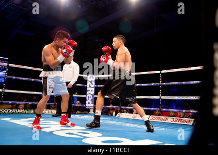 Leicester uk 23rd March 2019 International Super featherweight contest  Lyon Woodstock vs Sergio Gonzalez at The Morningside Arena Leicester Stock Photo