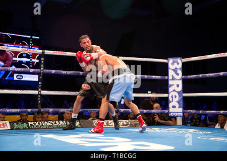 Leicester uk 23rd March 2019 International Super featherweight contest  Lyon Woodstock vs Sergio Gonzalez at The Morningside Arena Leicester Stock Photo