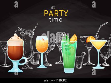 Background with different cocktails. Drawing chalk on a blackboard. Caption: it's party time. Place on your text. Vector illustration Stock Vector