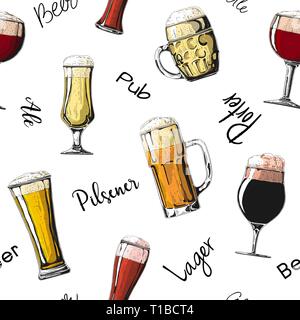 Seamless pattern with different glasses with beer, different mugs of beer. Vector illustration of a sketch style. Stock Vector