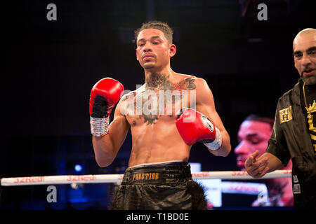 Leicester uk 23rd March 2019 International Super featherweight contest  Lyon Woodstock vs Sergio Gonzalez at The Morningside Arena Leicester Stock Photo